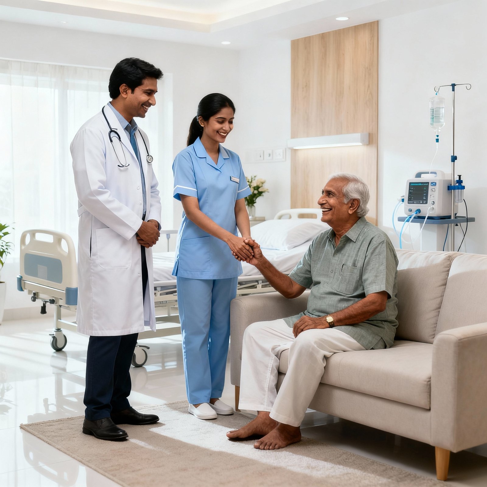 Nurse providing home care services to an elderly patient in Delhi living room