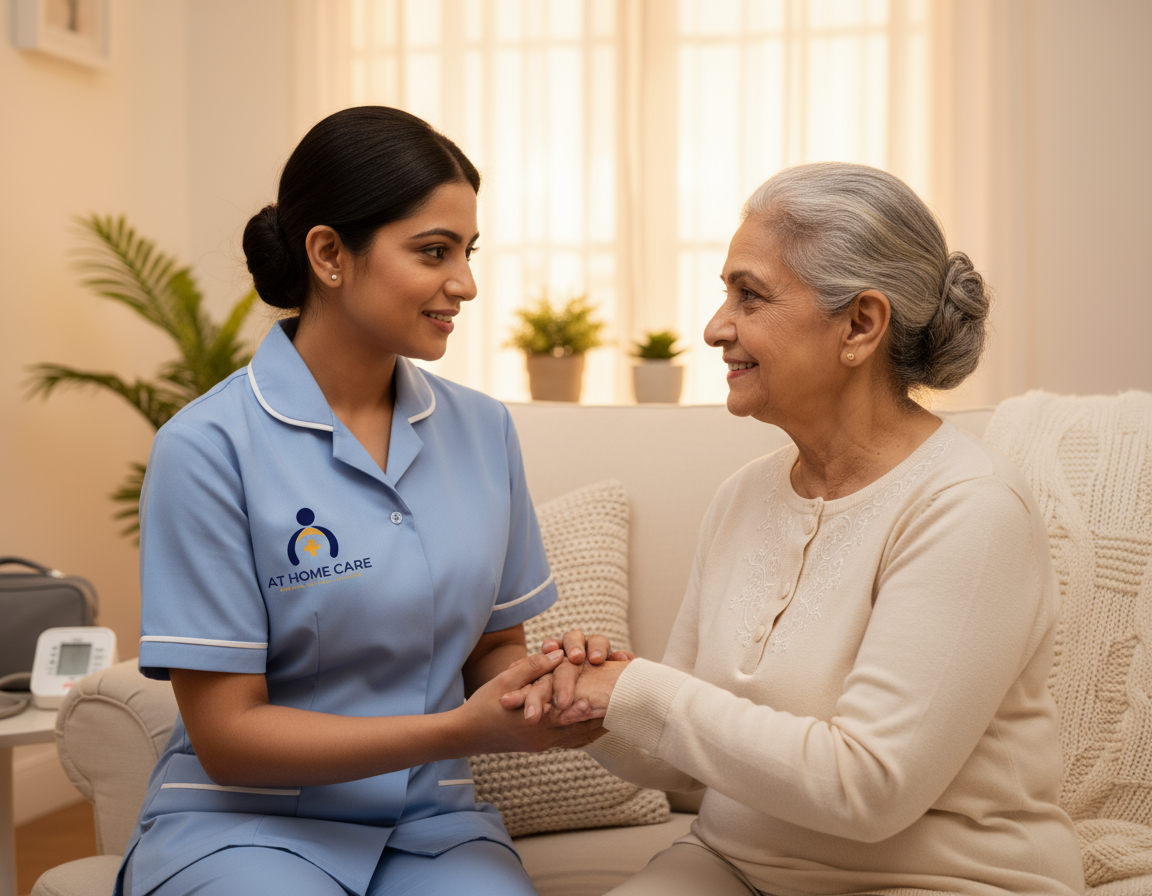 AtHomeCare nurse providing compassionate home nursing services to an elderly patient in Faridabad