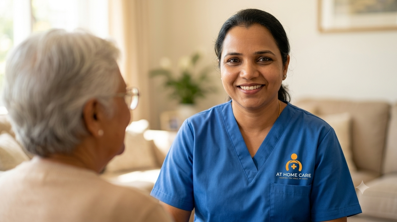 AtHomeCare nurse providing compassionate elderly care at home in Kolkata